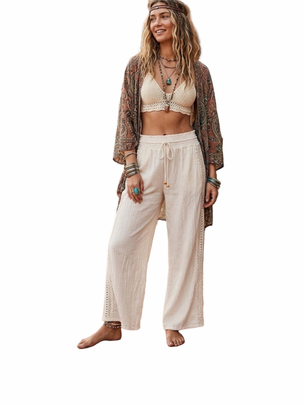Seaspice White Wide Leg Crochet Trim Pants XL Boho Smocked Waist Breezy Resort